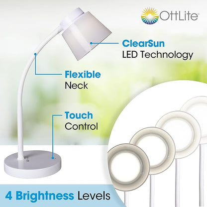 OttLite Clarify LED Desk Lamp with 4 Brightness Settings – Touch Activated Controls, Modern White Design, ClearSun LED Lighting, Flexible Neck, for Work, Study, Reading, Crafting