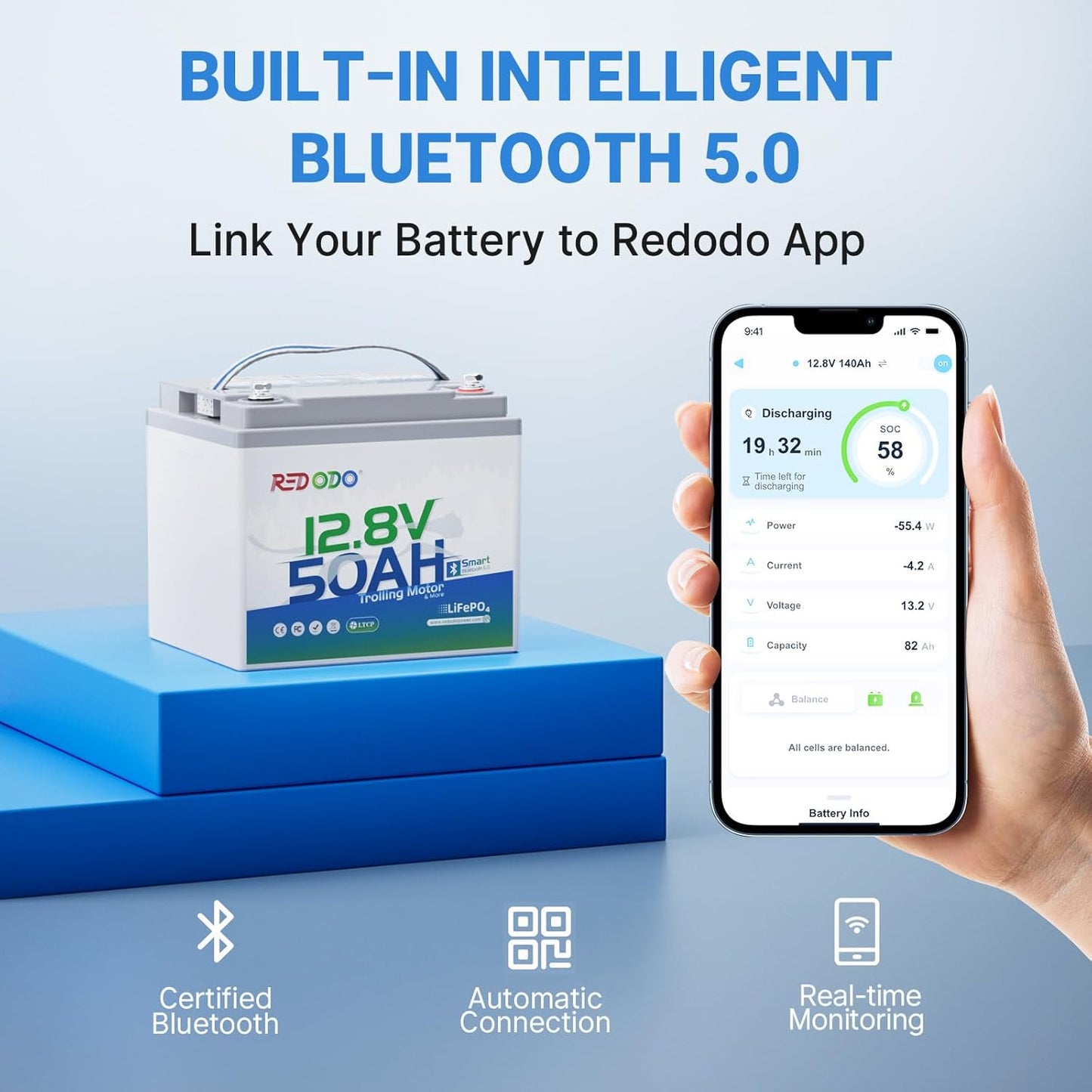 Redodo Smart Bluetooth 12V 50Ah LiFePO4 Lithium Battery for Trolling Motor, Low-Temp Protection, 10 Years Lifetime, Lightweight & Portable Perfect for RV, Solar, Boat Marine and Camping 3 Pack