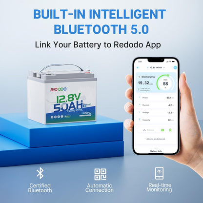 Redodo Smart Bluetooth 12V 50Ah LiFePO4 Lithium Battery for Trolling Motor, Low-Temp Protection, 10 Years Lifetime, Lightweight & Portable Perfect for RV, Solar, Boat Marine and Camping 3 Pack