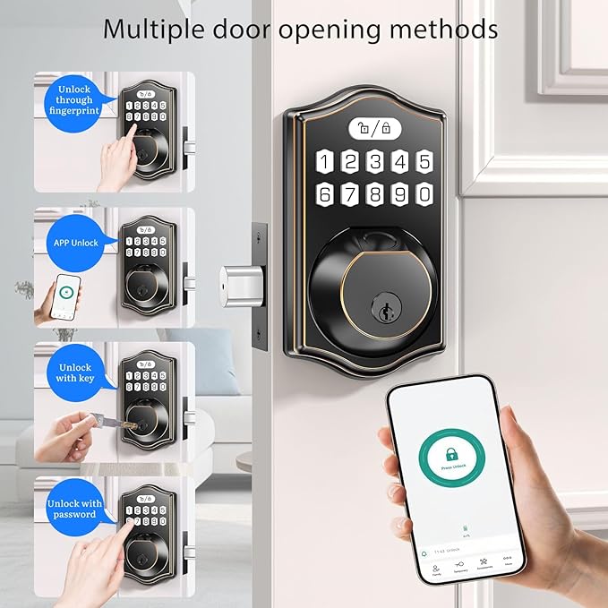 keyless Entry Door Lock deadbolt with Handle Set- Front Door Fingerprint Smart Locks with 2 Lever Handles-Keypad Code Deadbolt -App Control,Auto Lock,Easy to Install