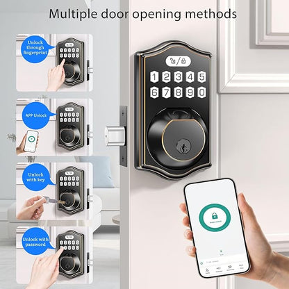 keyless Entry Door Lock deadbolt with Handle Set- Front Door Fingerprint Smart Locks with 2 Lever Handles-Keypad Code Deadbolt -App Control,Auto Lock,Easy to Install