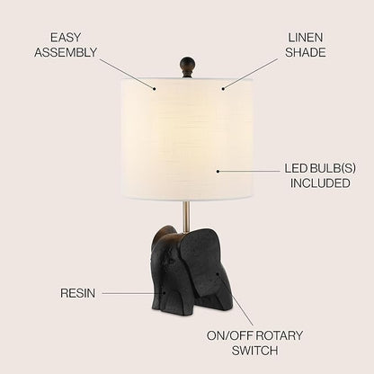 JONATHAN Y 17.5" Black Elephant Kids Table Lamp, Whimsical Resin Bedside Lamp with White Linen Drum Shade for Bedroom Playroom Nursery, LED Bulb Included, UL Listed JYL1143A