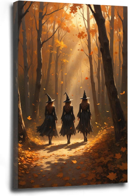 Three witches walking in the forest in autumn canvas painting gothic poster halloween print country witch wall art for home decoration8x12in Wood Framed