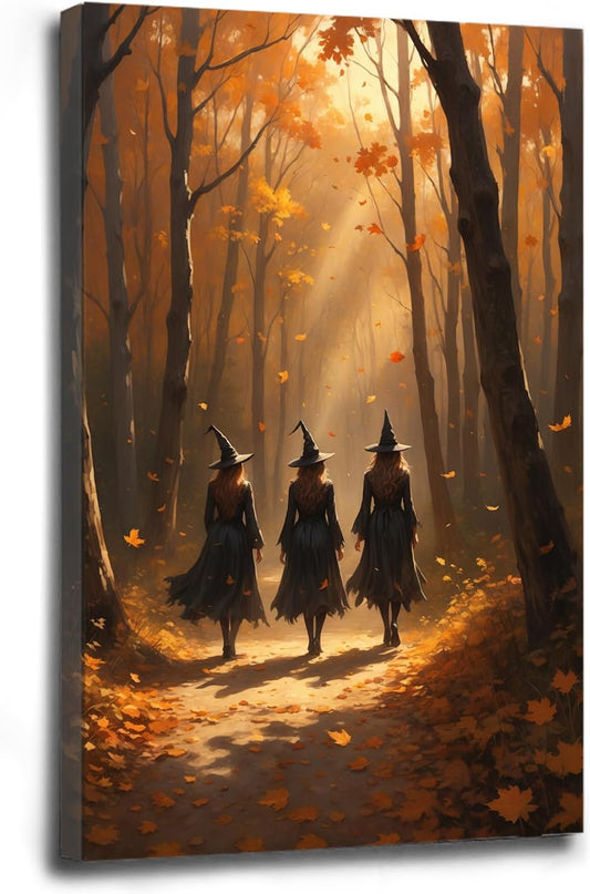 Three witches walking in the forest in autumn canvas painting gothic poster halloween print country witch wall art for home decoration28x40in Wood Framed