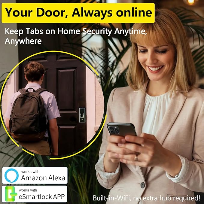 Eseesmart WiFi Video Smart Lock with Camera & Doorbell, Keyless Entry Door Lock with Smart Lock Sensor, 10000mAh Rechargeable Battery, Two-Way Audio, 8 Ways to Unlock, App Remote Control