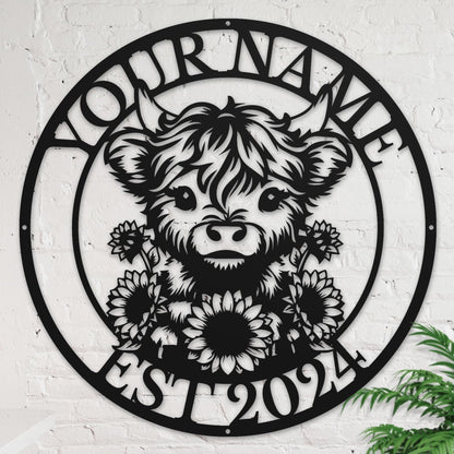 Personalized Highland Cow Name metal Signs,Custom Highland Cow Metal Shed Wall Decor,Black Metal Wall Art Plaques Outdoor wall Decorative Signage (Style E)