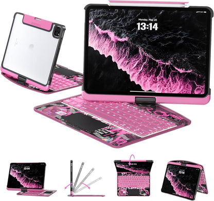 Transparent Case with Keyboard for iPad 9th (7th, 8th, and 9th Gen) 10.2 Inch,with 7-Color Backlit Wireless Keyboard,360°Rotatable Protective Case Multi-Touch Trackpad,with Pencil Holder,Pink