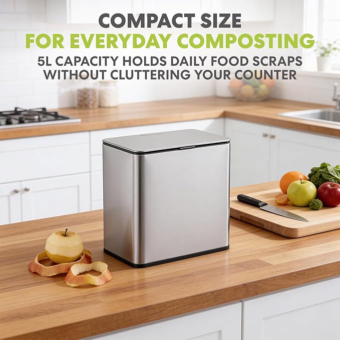 Simpli-Magic Kitchen Compost Bin and Caddy, 5L / 1.32 Gal Stainless Steel with Removable Inner Bucket and Deodorizer Compartment, 2-in-1 Countertop Compost Bin with Lid, Kitchen Food Waste, 79705