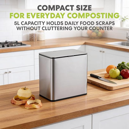Simpli-Magic Kitchen Compost Bin and Caddy, 5L / 1.32 Gal Stainless Steel with Removable Inner Bucket and Deodorizer Compartment, 2-in-1 Countertop Compost Bin with Lid, Kitchen Food Waste, 79705