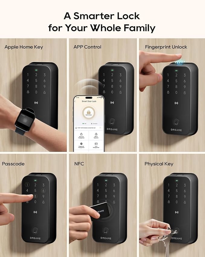 DREAME Smart Lock Lite, Digital Fingerprint Keyless Entry Door Lock, 12-Months Battery, Front Door Smart Lock Deadbolt Set with App Control, Auto Lock, IP54 Waterproof, Supports Apple HomeKit, Black