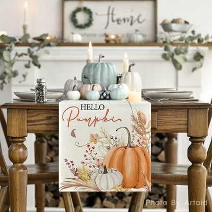 Artoid Mode Hello Pumpkin Leaves Fall Table Runner, Seasonal Autumn Kitchen Dining Table Decoration for Home Party Decor 13x120 Inch