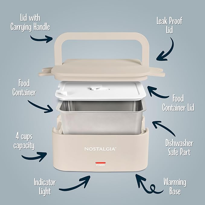 Nostalgia Portable Heated Lunch Box – 4-Cup Stainless Steel Food Warmer – Detachable Cord, Leak-Proof Lid, Carry Handle – Portable for Work & Travel – Oatmeal