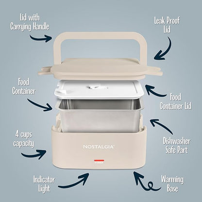 Nostalgia Portable Heated Lunch Box – 4-Cup Stainless Steel Food Warmer – Detachable Cord, Leak-Proof Lid, Carry Handle – Portable for Work & Travel – Oatmeal