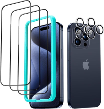ESR 3+2 Pack for iPhone 15 Pro Screen Protector, 3 Black Edge Tempered-Glass Film and 2 Set Camera Lens Protector, 2.5D Curved Edges, Full-Coverage Military-Grade Protection, Scratch Resistant