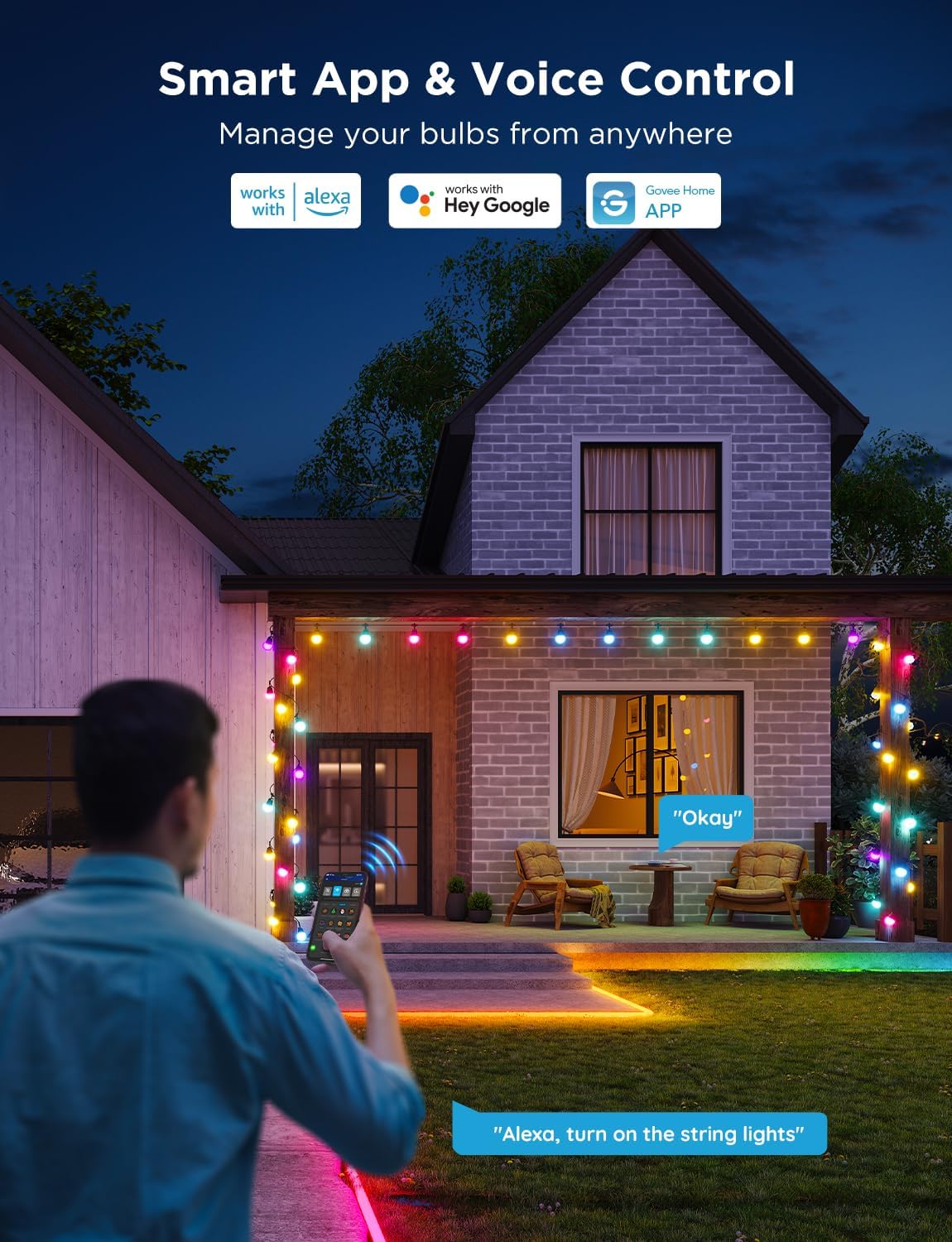Govee Smart Outdoor String Lights 2, 96ft RGBIC Outdoor Lights with Dimmable Warm White LED Bulbs, 47 Scene Modes for Patio, Backyard, IP65 Waterproof, Works with Alexa, App Control