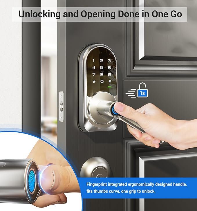 Veise RZ09 Smart Lock, 7-in-1 Keyless Entry with Handle Set, APP Control Fingerprint Deadbolt for Front Door, Electronic Digital Locks with Keypad, Satin Nickel