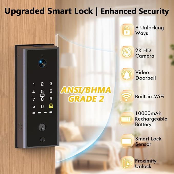 Eseesmart WiFi Video Smart Lock with Camera & Doorbell, Keyless Entry Door Lock with Smart Lock Sensor, 10000mAh Rechargeable Battery, Two-Way Audio, 8 Ways to Unlock, App Remote Control