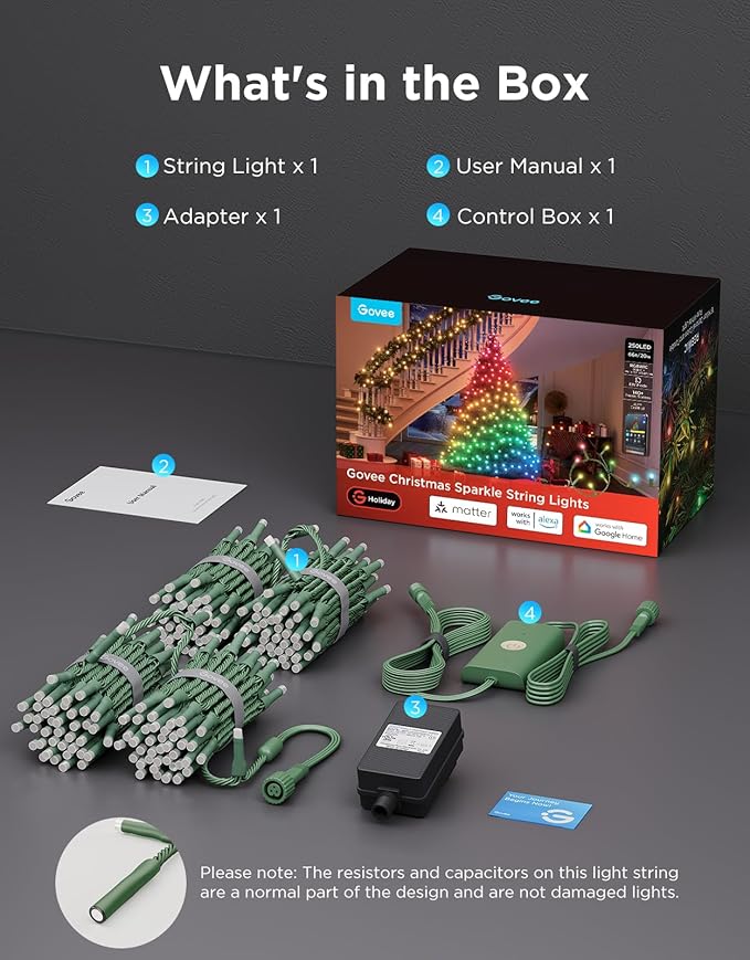 Govee Christmas Sparkle String Lights 66ft, RGBWIC String Lights with 250 Bullet-Head LEDs, App-Controlled, 140+ Scene Modes, 3D Shape Mapping, Works with SmartThings, Indoor Holiday Decorations