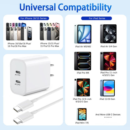 2Pack iPhone 16 15 Chargers,Dual Port Fast Wall Chargers Block with 10FT USB C to C Cable Cord Charger Fast Charging for iPhone 16e/16 Pro Max/16 Pro/16 Plus/15/15 Pro Max/15 Pro/15 Plus/iPad