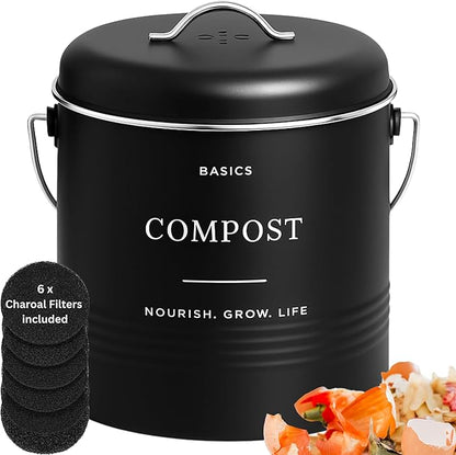 D'Lifeful Kitchen Compost Bin – 1.3 Gallon Countertop Farmhouse Compost Container with Lid – Odorless Indoor Food Scrap Pail with 6 Charcoal Filters – Eco-Conscious and Easy to Clean (Black)