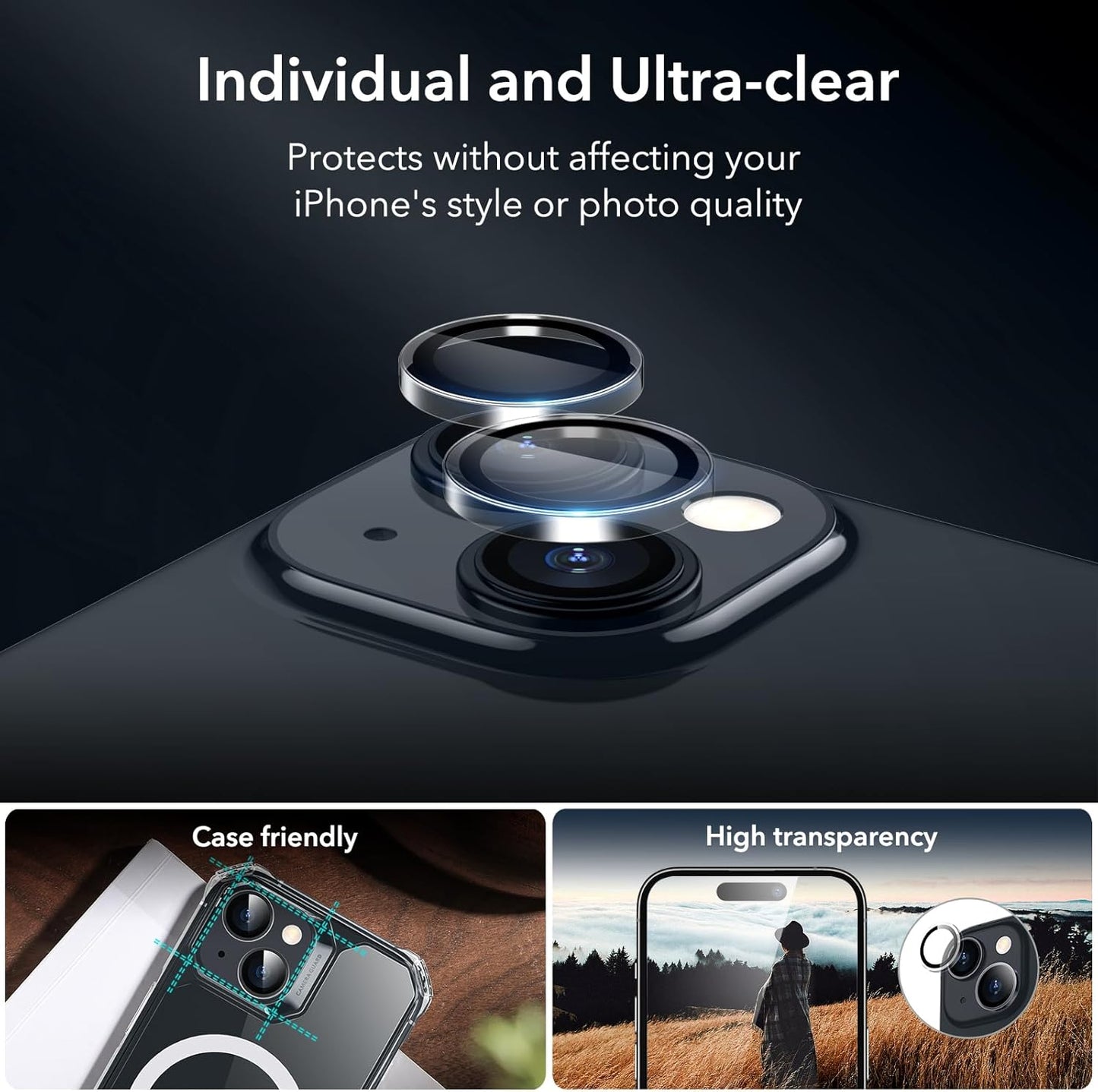 ESR 3+2 Pack for iPhone 15 Plus Screen Protector, 3 Black Edge Tempered-Glass Film and 2 Set Camera Lens Protector, 2.5D Curved Edges, Full-Coverage Military-Grade Protection, Scratch Resistant
