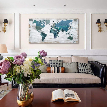 Teal Decor World Map Canvas Wall Art Pictures for Living Room Wall Decoration Blue Wall Decor Office World Map Wall Art Picture Framed Artwork for Home Bedroom Decoration 29"x58"