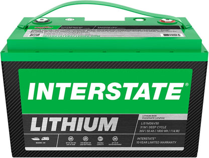 Interstate Batteries 36V 50Ah Group Size 31M Lithium Marine/RV Deep Cycle LiFePO4 Battery, Maintenance Free, Lightweight, Ideal For Boats, Trolling Motors, RV Camping, Off-Grid, Yachts (Li31M36V50)