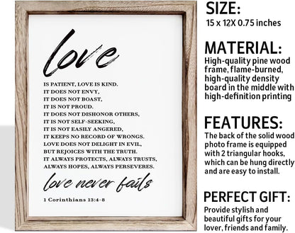 Love Wood Signs, Christian Wooden Wall Sign, Master Bedroom Signs, Inspirational Christian Gift, Home Decor, Framed Wall Plaque Sign 15 * 11.5 inches, Love is the Patient