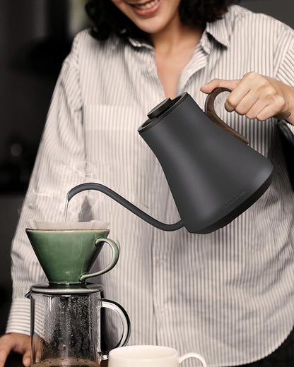 Gooseneck Electric Kettle with Precise ±1℉ Temperature Control, Wood-Accented Handle, Stainless Steel Interior, Quick Heating Pour Over Kettle for Coffee & Tea, 0.9L, Matte Grey