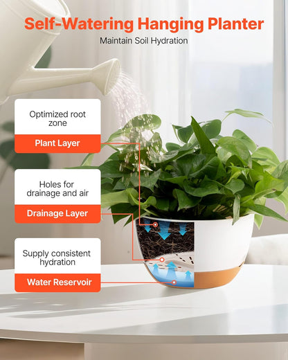 VEVOR Hanging Planters, 10 Inch Self-Watering Hanging Planter, 2 Pack Flower Pots with Drainage Hole & 2 Kinds of Plant Hangers, Plastic Basket Pots, for Garden Home Decor, Indoor & Outdoor Plants
