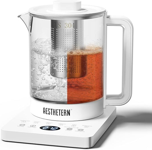 Electric Tea Kettle with Infuser, 1.5L Glass Water Boiler with Temperature Control, 24H Keep Warm & Auto Shut-Off, White