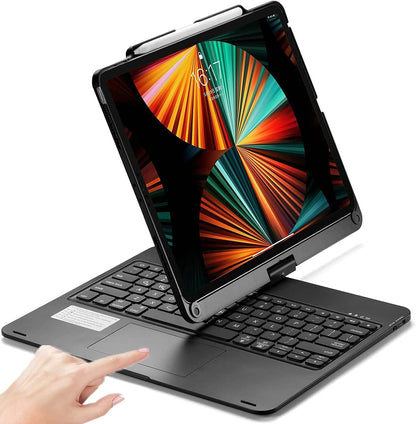 360° Rotatable Keyboard Case for iPad Air 13 inch (M3/M2-2025/2024)/Pro 12.9 (6th, 5th, 4th, 3rd Gen) with TouchPad, Backlits Aluminum Alloy Smart Case with trackpad Keyboard, Black