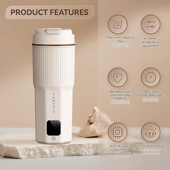 Travel Kettles 13oz 300W with 6 Temperature Control Small Portable Kettle, Overheat Protection Electric Kettle, Stainless Steel Leakproof Design Small Kettle 100-240V
