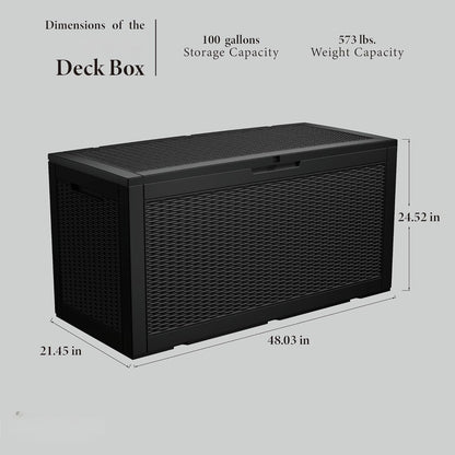 100 Gallon Outdoor Storage Box Waterproof Lockable Resin Deck Box Large, Patio Storage Bin for Pool Accessories Cushion Furniture, Garden Tools, UV-Resistant Outside Delivery Black