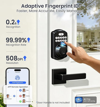 Veise VE012W Built-in WiFi Fingerprint Smart Lock, App Remote Control, Compatible with Alexa & Google Assistant, Keyless Entry for Front Door, Digital Keypad Deadbolt, Auto Lock, Matte Black