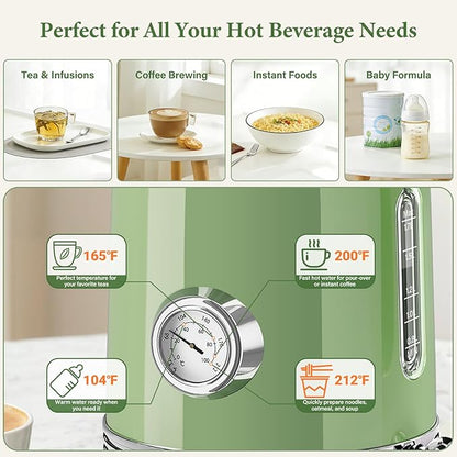 Electric Kettle - 1.7L Hot Tea Water Boiler with Thermometer, 1500W Fast Heating Stainless Steel Pot, Cordless LED Indicator, Auto Shut-Off & Boil Dry Protection, Retro Green
