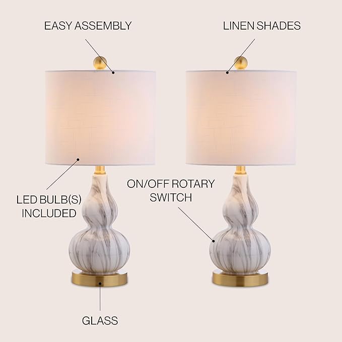 JONATHAN Y 20.5" Black/White Glass Table Lamp, Modern Gourd Bedside Nightstand Lamp for Bedroom, Living Room, White Linen Shade, LED Bulb Included (JYL1028D-SET2)