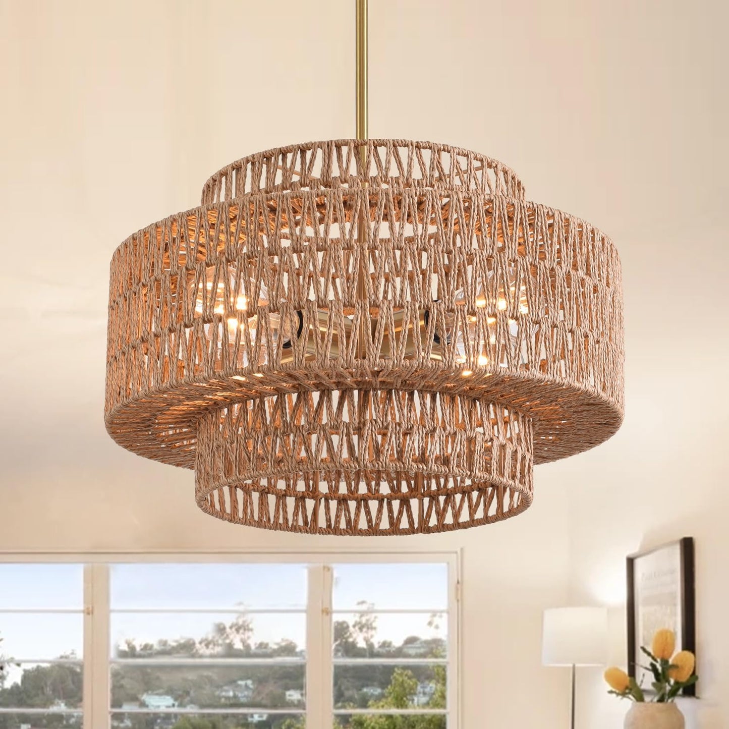 4-Light Boho Rattan Chandelier Light Fixture 17.7" 3-Tier Farmhouse Boho Chandelier Hand Woven Rattan Pendant Light Rustic