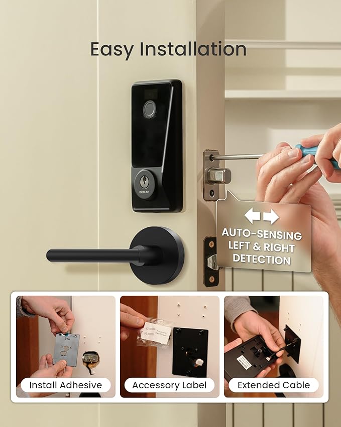 DESLOC D110 Plus Built-in Wi-Fi Smart Lock with 2 Lever Handles, Fingerprint Keyless Entry Door Lock Set, Touchscreen Keypad Deadbolt with Backlit, Remote Control, BHMA 3, IP54 Waterproof, Auto Lock