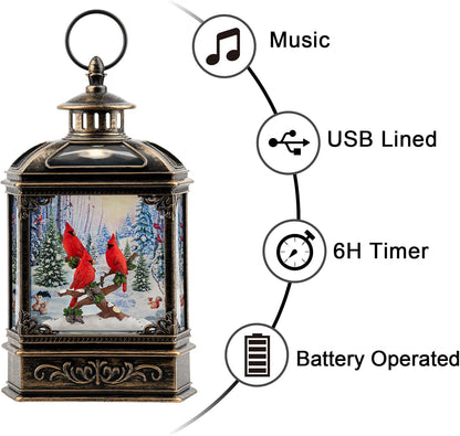 Christmas Snow Globe Water Glittering Cardinal with Music, USB Lined/Battery Operated Lighted Lantern for Christmas Festival Decoration Gifts