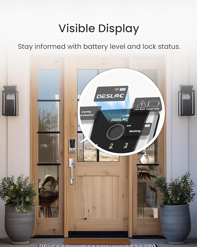 DESLOC D110 Plus Built-in Wi-Fi Smart Lock with Handle Set, Keyless Unlock in 0.5s with Fingerprint, Touchscreen Deadbolt with Visible Display, App Remote Control, BHMA Grade 3, IP54, Auto Lock