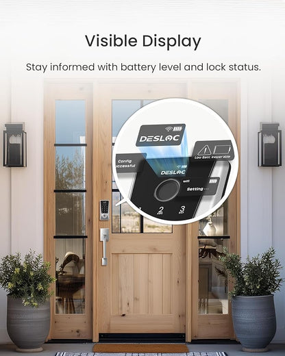 DESLOC D110 Plus Built-in Wi-Fi Smart Lock with Handle Set, Keyless Unlock in 0.5s with Fingerprint, Touchscreen Deadbolt with Visible Display, App Remote Control, BHMA Grade 3, IP54, Auto Lock