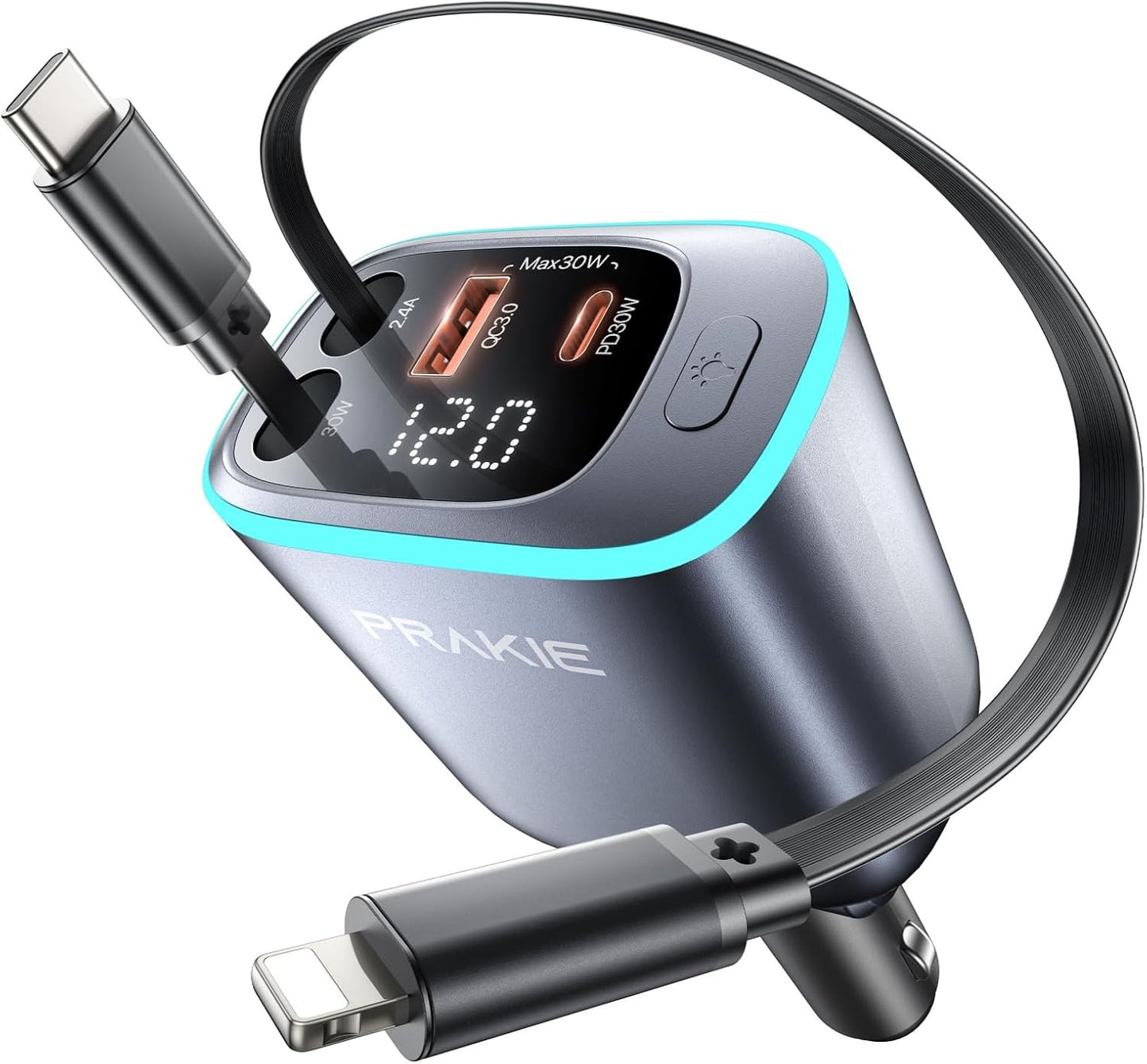 iPhone Car Charger, Retractable Fast USB C Phone Charger, 4 in 1 Cigarette Lighter Adapter with 2 Cables 30 Inch and 2 USB Ports, Multi Port USB Car Charging for iPhone 16/15/14/13/Pro Max