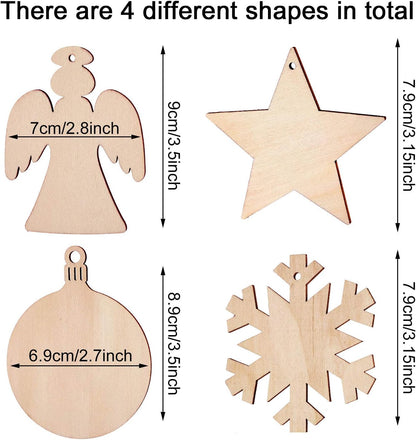 Blulu 60 Pieces Christmas Wooden Ornaments Round Wood Slices Snowflake Angel Shape with Cords for DIY Crafts New Year Christmas Tree Pendant Ornaments