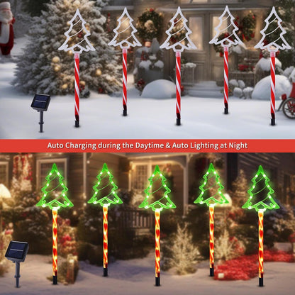 Christmas Solar Pathway Lights Outdoor Decorations， 8 Modes Xmas Tree Candy Lights Waterproof Led Garden Stake Light for Walkway Yard Lawn Porch Holiday Decor 10-Pack (Red Tube Tree, 10 Pack)