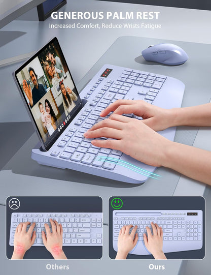 Wireless Keyboard and Mouse Combo - Full-Sized Ergonomic Keyboard with Wrist Rest, Phone Holder, Sleep Mode, Silent 2.4GHz Cordless Keyboard Mouse Combo for Laptop, Computer, PC, Mac, Windows -Trueque