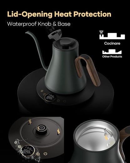 Cocinare Barista Collection Gooseneck Electric Kettle, ±1℉ Precise Temperature Control for Pour-Over Coffee & Tea, Quick Heating 1500W, Stainless Steel Interior, 0.9L (Delacroix Green)