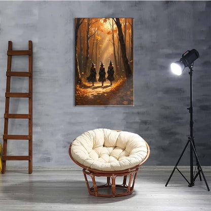 Three witches walking in the forest in autumn canvas painting gothic poster halloween print country witch wall art for home decoration16x24in Wood Framed