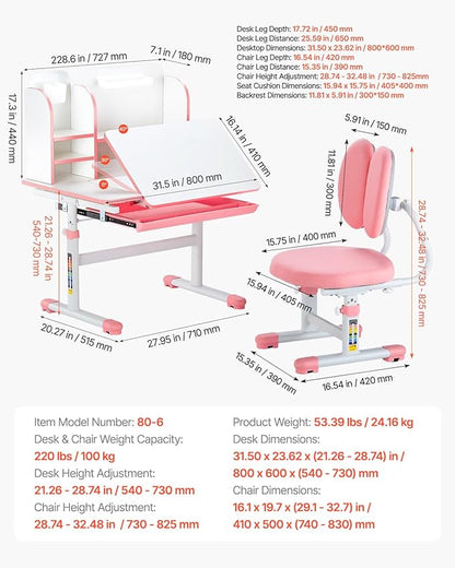 VEVOR Kids Study Chair and Desk Set, Study Desk and Chair for Kids with Bookshelf & Storage Drawer, Adjustable Height & 0-40° Tilted Desktop Desk and Chair, Study Table for Bedroom & Study Room, Pink