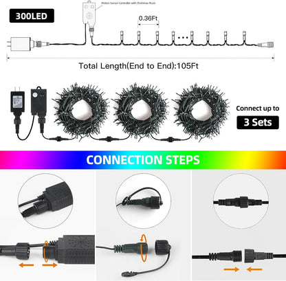 Music Motion Sensor Christmas String Lights 105FT 300 LED，Multicolour Christmas Tree Lights，End to End Plug In 6 Modes Decorative Light, No Timer；Waterproof for Indoor Outdoor Tree Party Decor